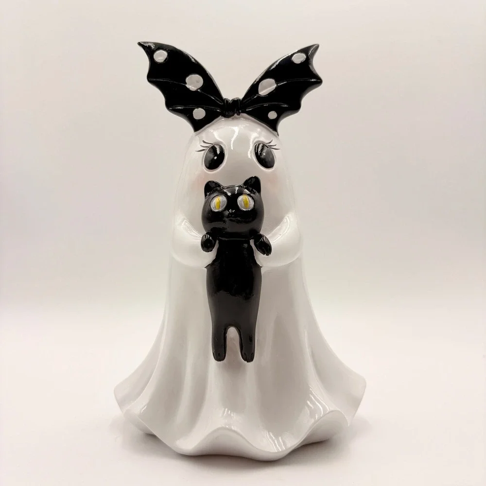 Halloween Ghost Figurine with Black Cat and Bat Wing Bow Decor